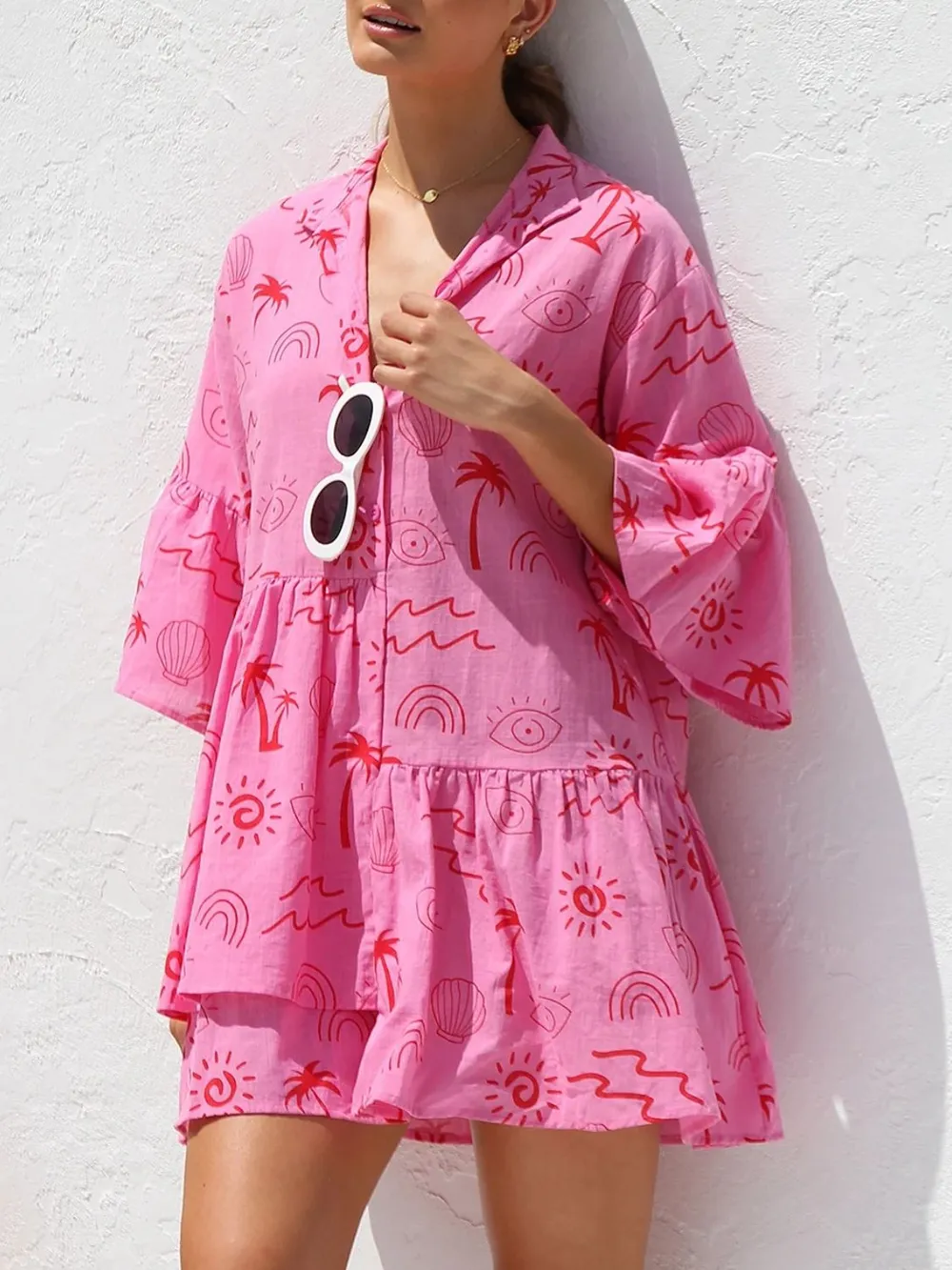 Button Detail Ruffled Hem Printed Mini Dress, image 2