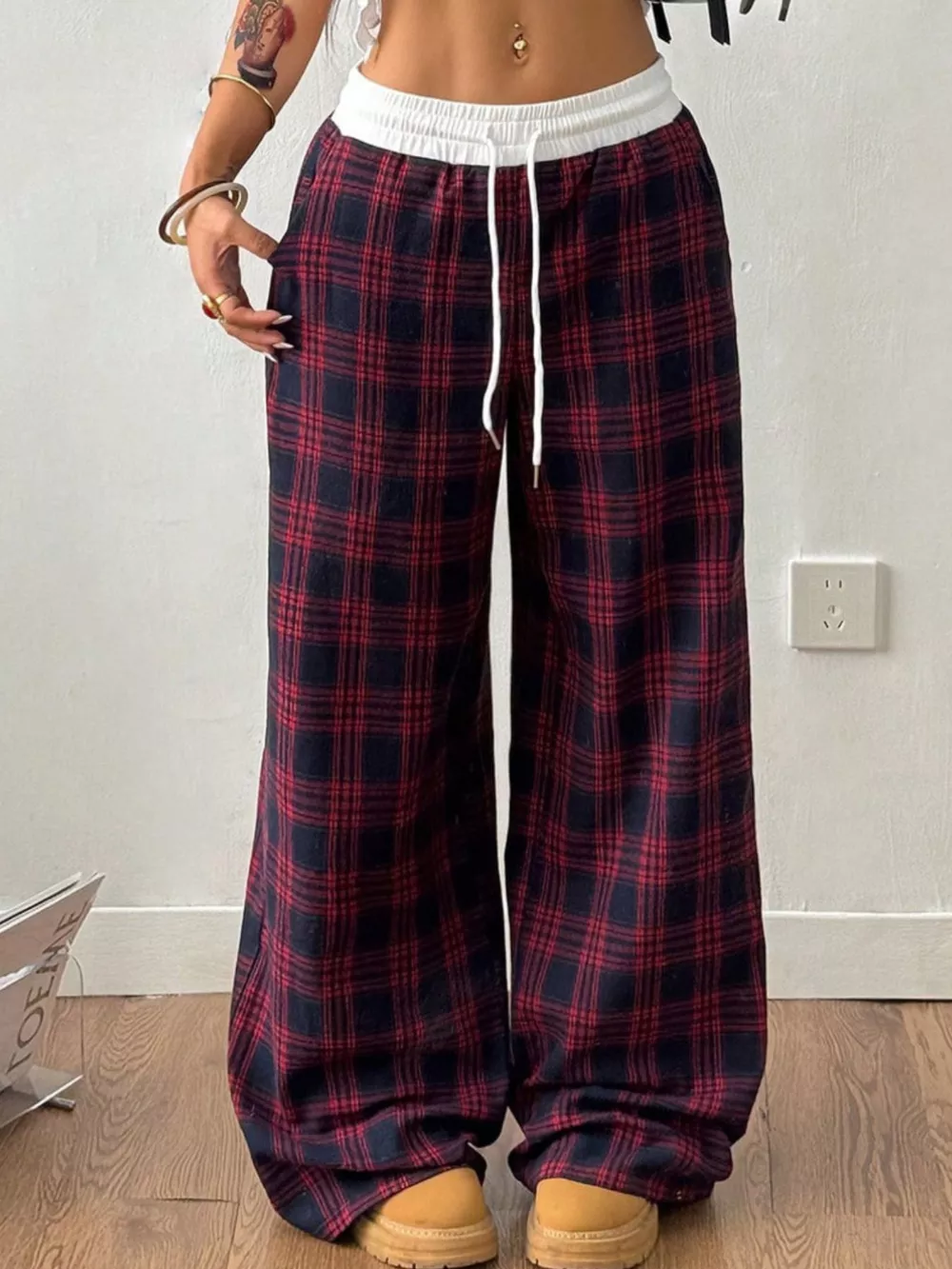 Plaid Wide-Leg Pants with Elastic Waistband, image 5