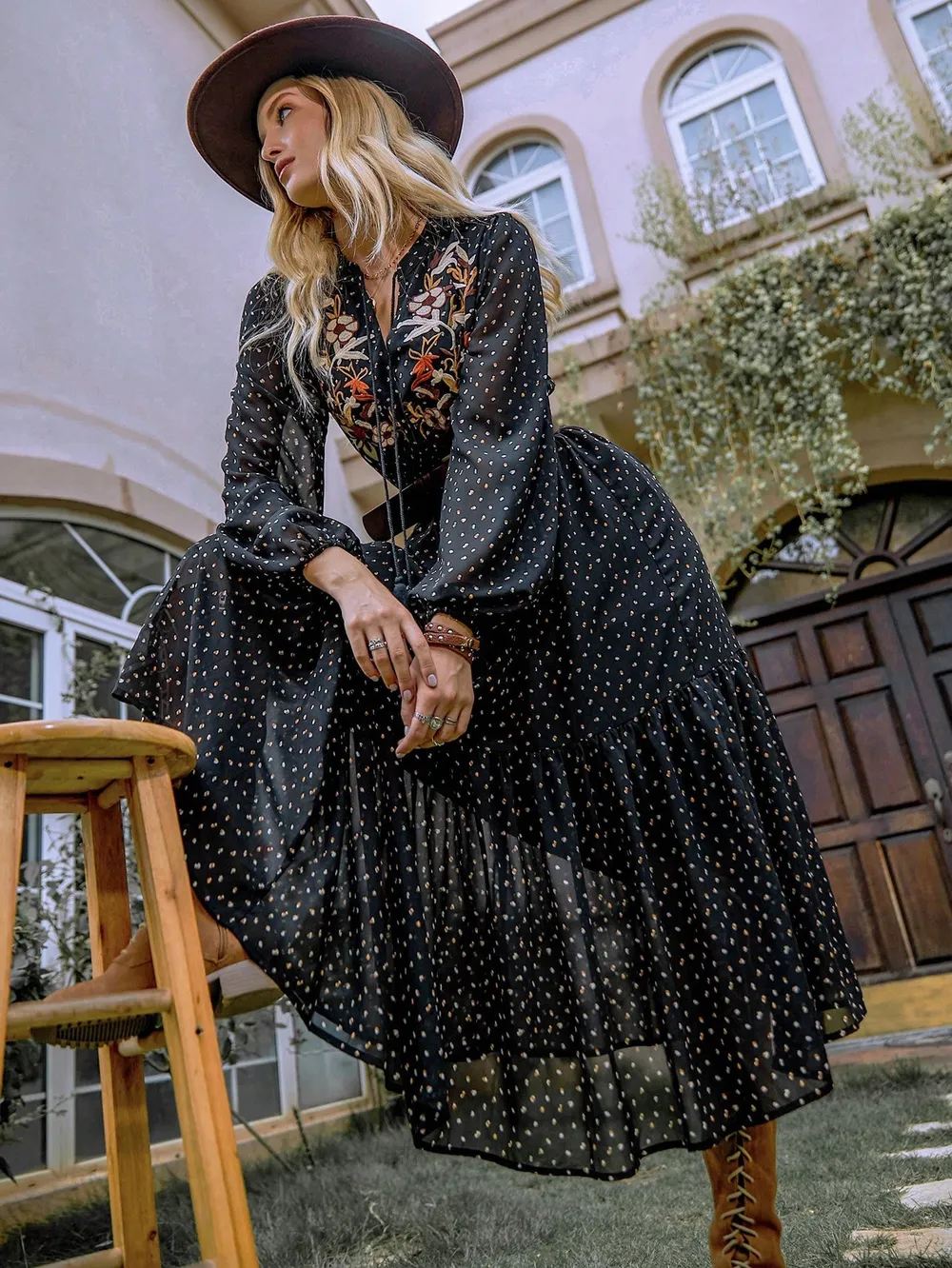 Embroidered Polka Dot Tie Neck Long Sleeve Midi Dress, image 10