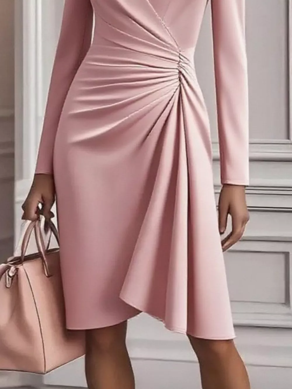 Front Ruched V-Neck Long Sleeve Dress, image 9