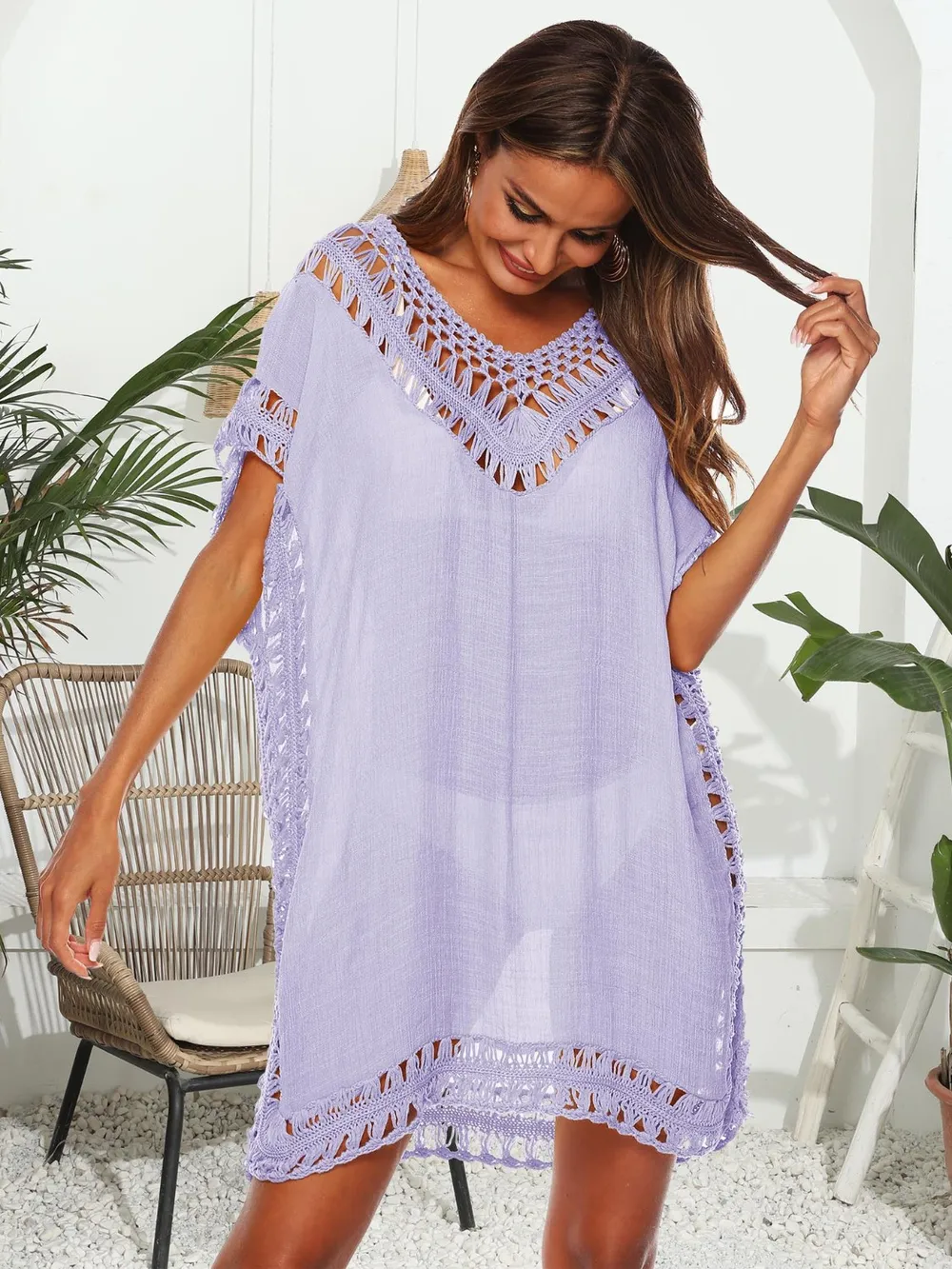 Bohemian Crochet Trim Beach Cover Up Dress, image 32