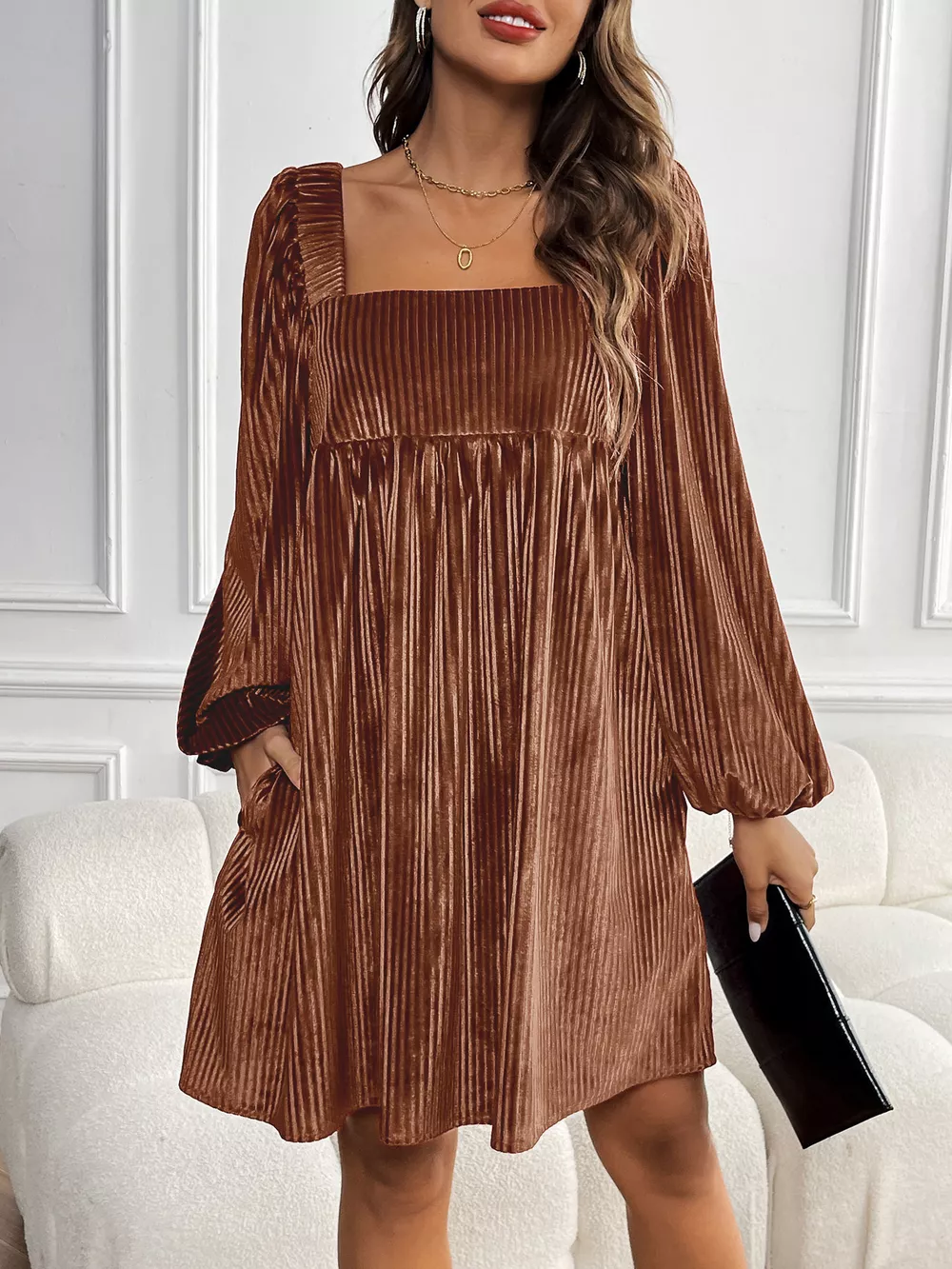 Velvet Square Neck Long Sleeve Dress, image 5