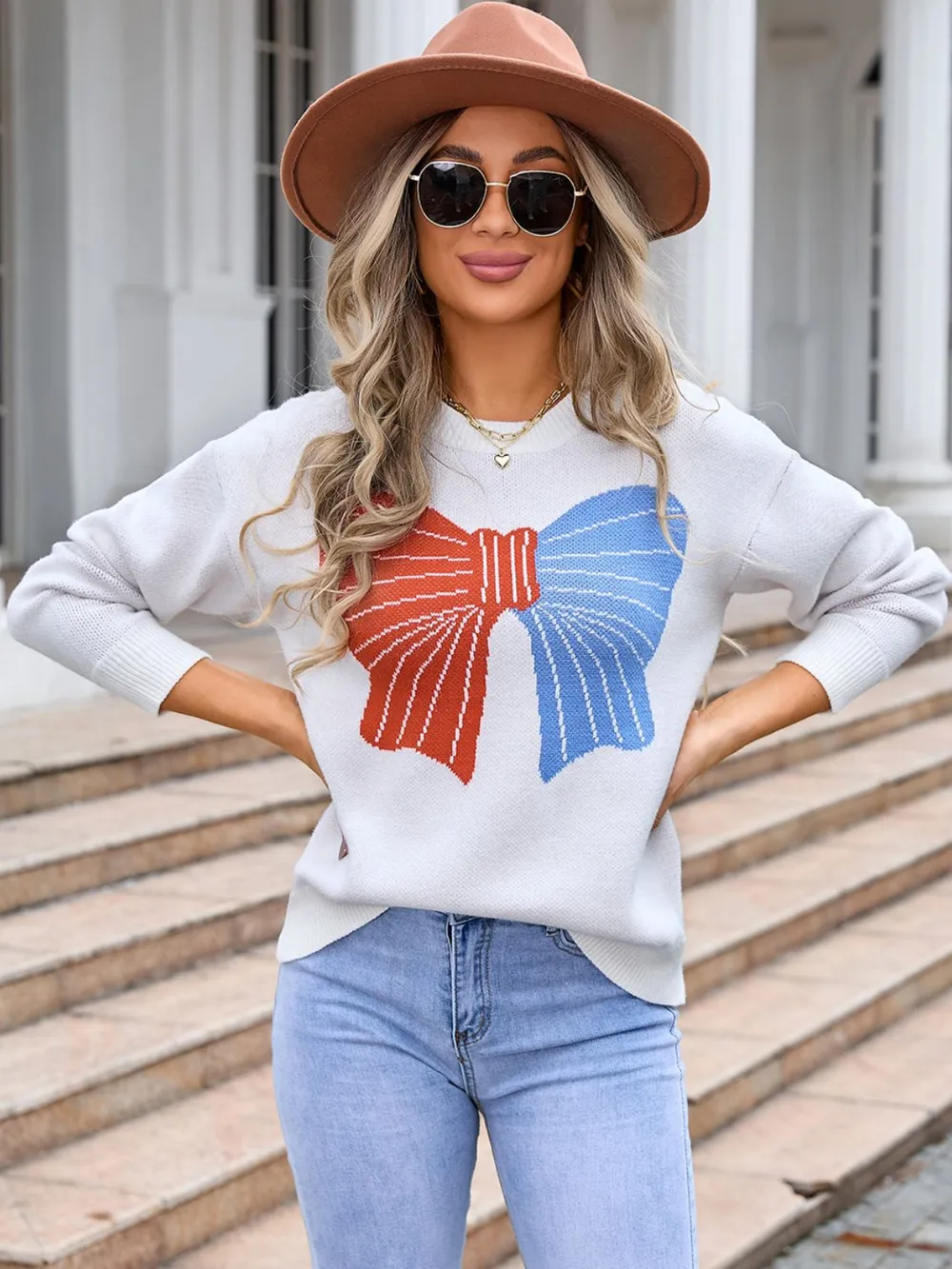 Bow Round Neck Dropped Shoulder Sweater, image 5