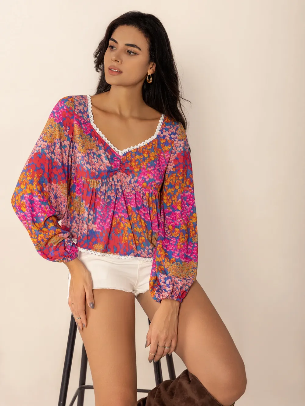 Lace Detail Printed Balloon Sleeve Top, image 6