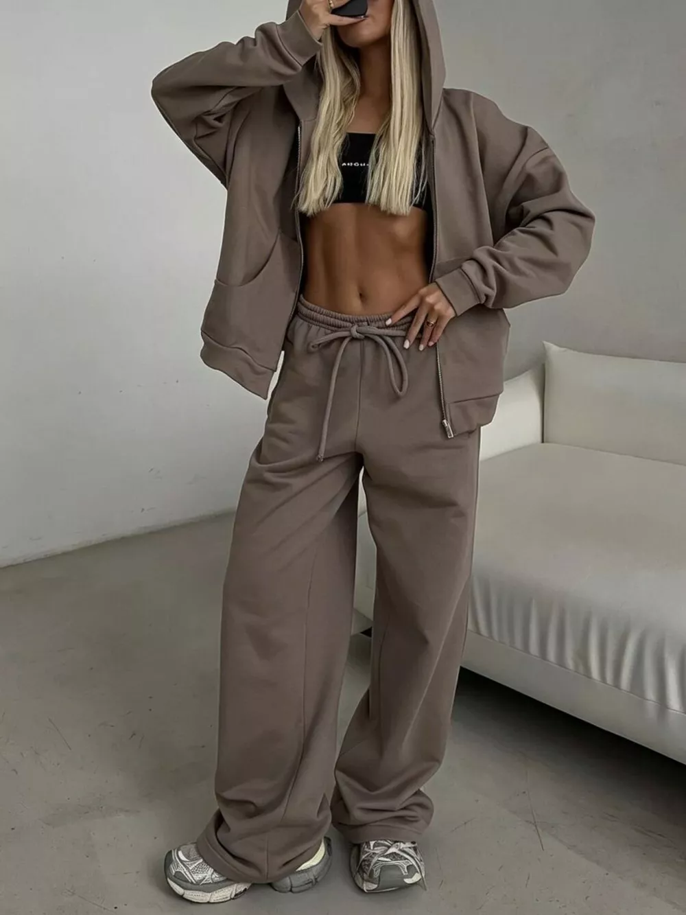 Casual Zip-Up Hoodie and Wide-Leg Sweatpants Set, image 18