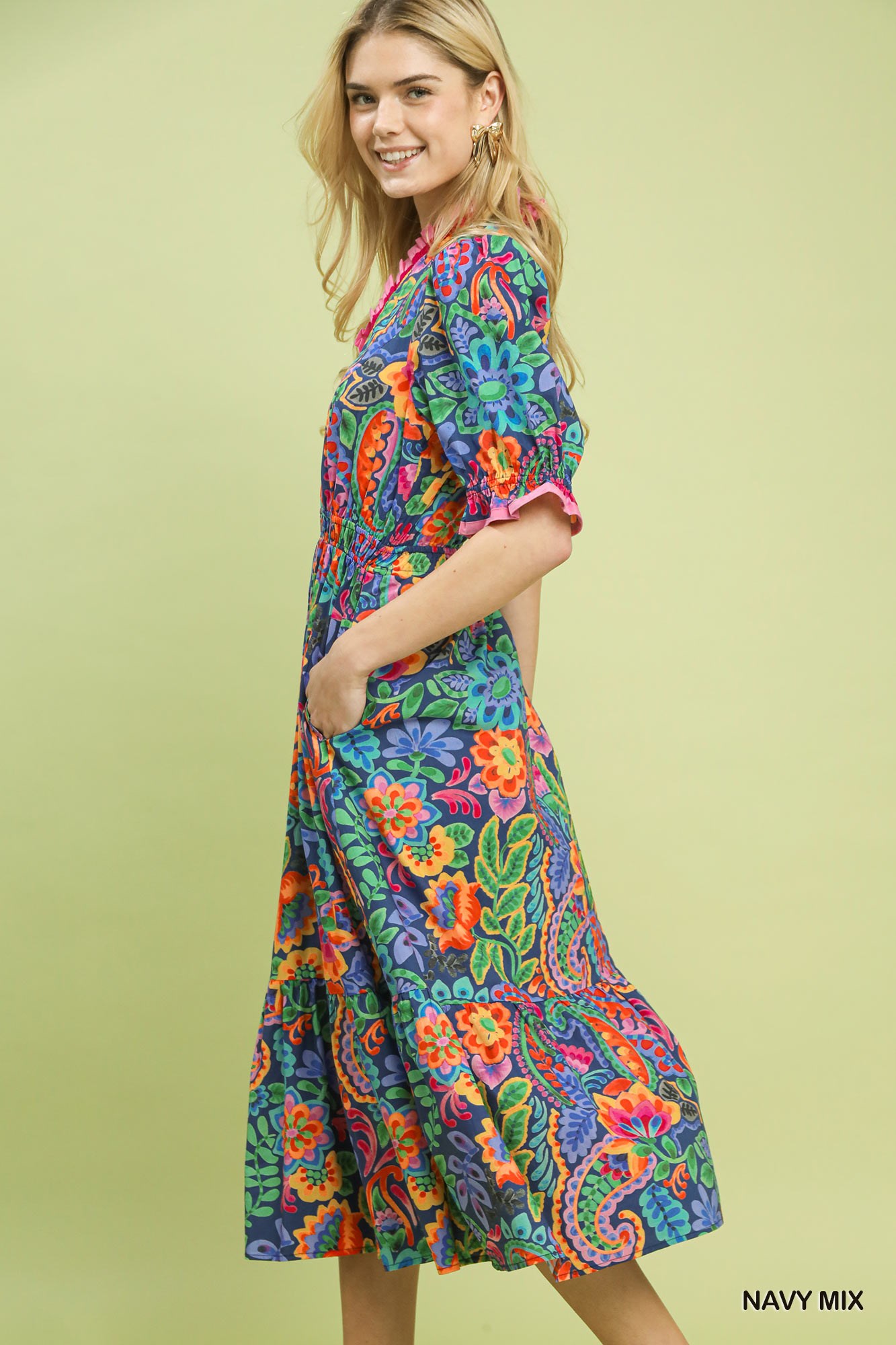 Mix Floral Midi Dress with Ruffle Trim, image 2