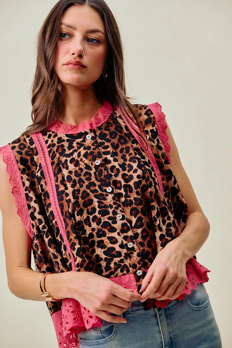 Leopard Button Up Pleated Sleeveless Blouse, image 2