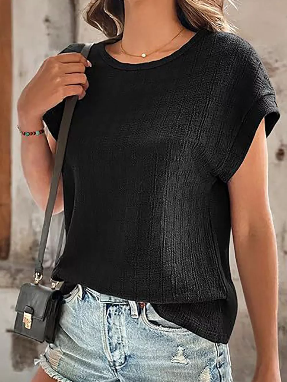 Textured Round Neck Short Sleeve Top, image 12