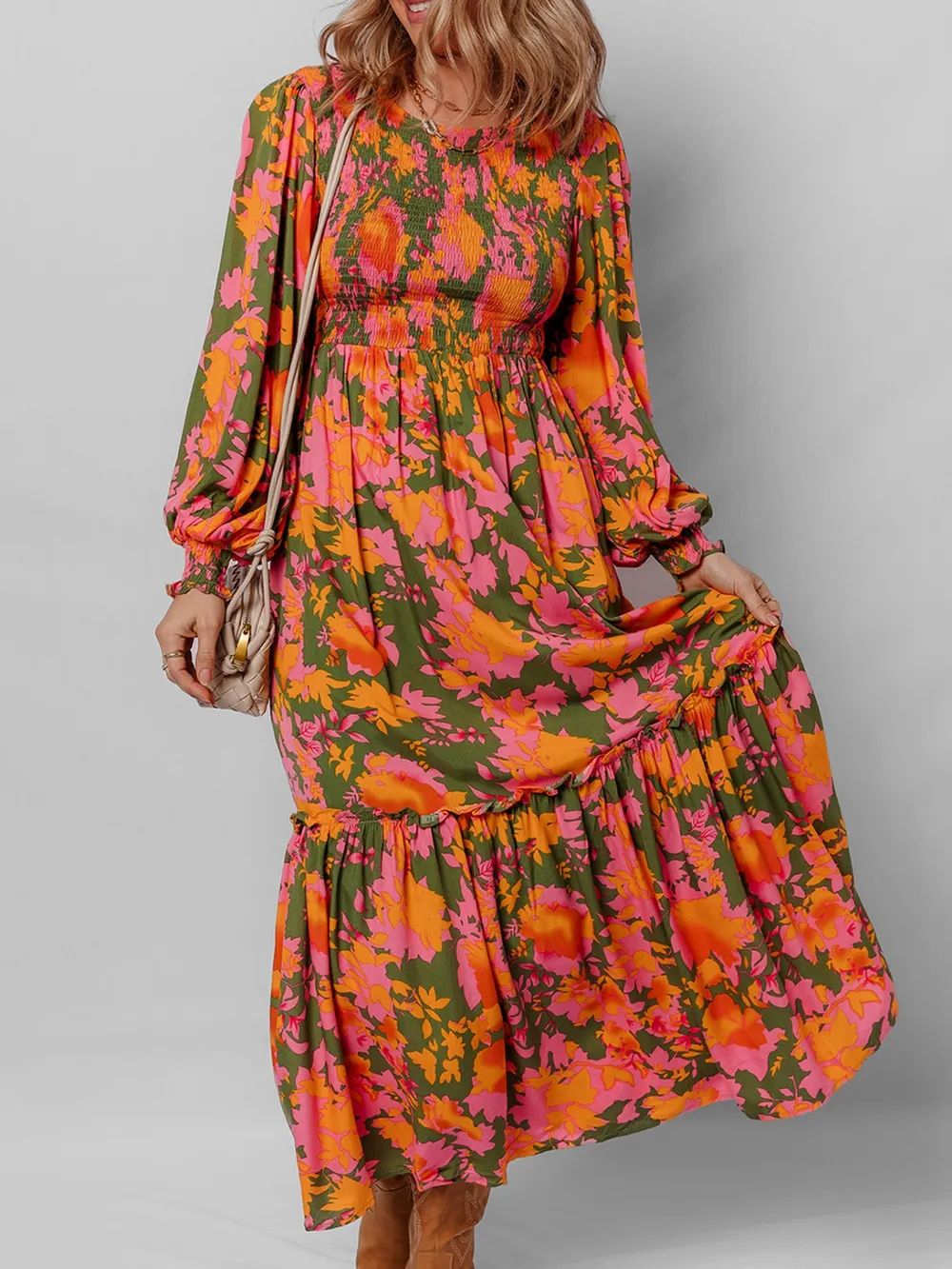 Smocked Floral Print Long Sleeve Maxi Dress, image 11