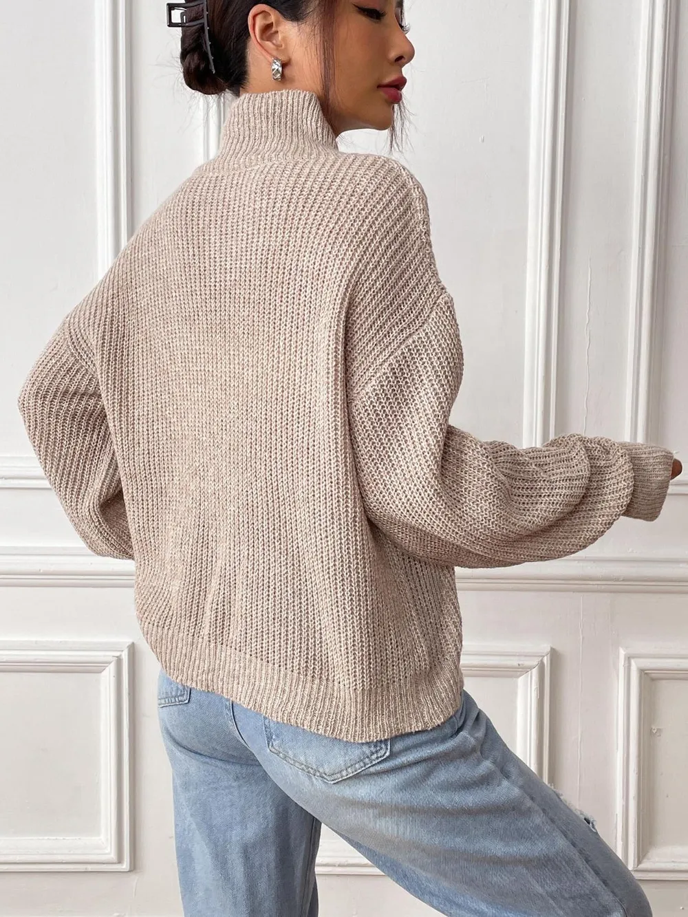 Heart Turtleneck Dropped Shoulder Long Sleeve Sweater, image 2