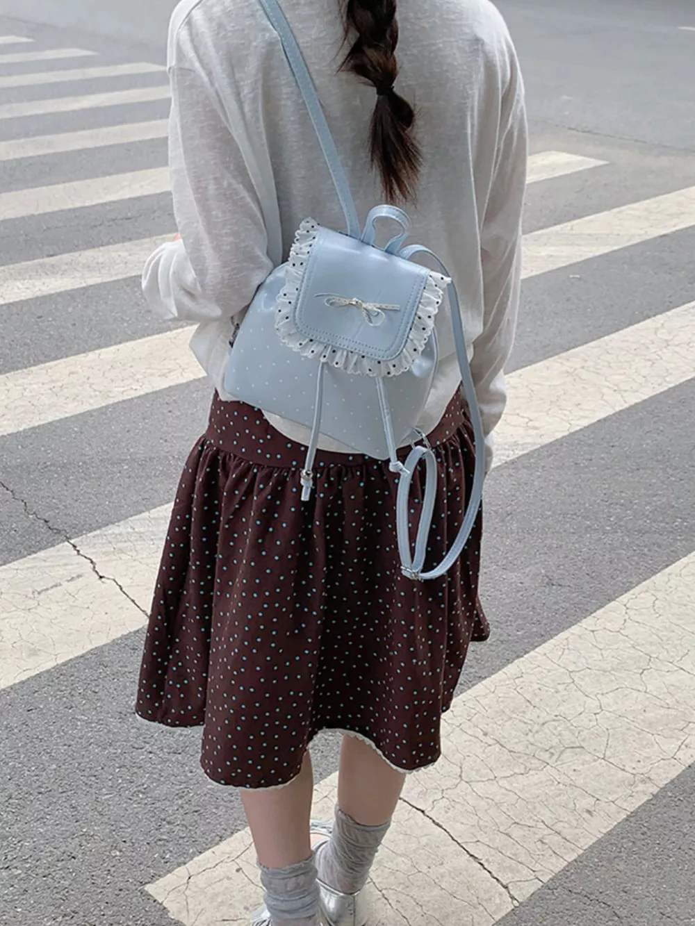 Polka Dot Lace Trim Bowknot Mini Backpack Bag, image 7