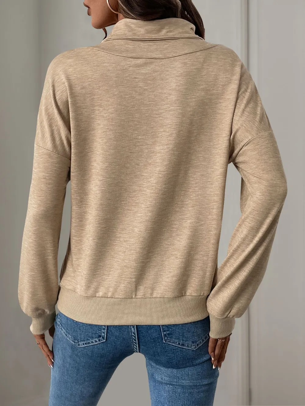 Asymmetric Mock Neck Long Sleeve Sweatshirt, image 2