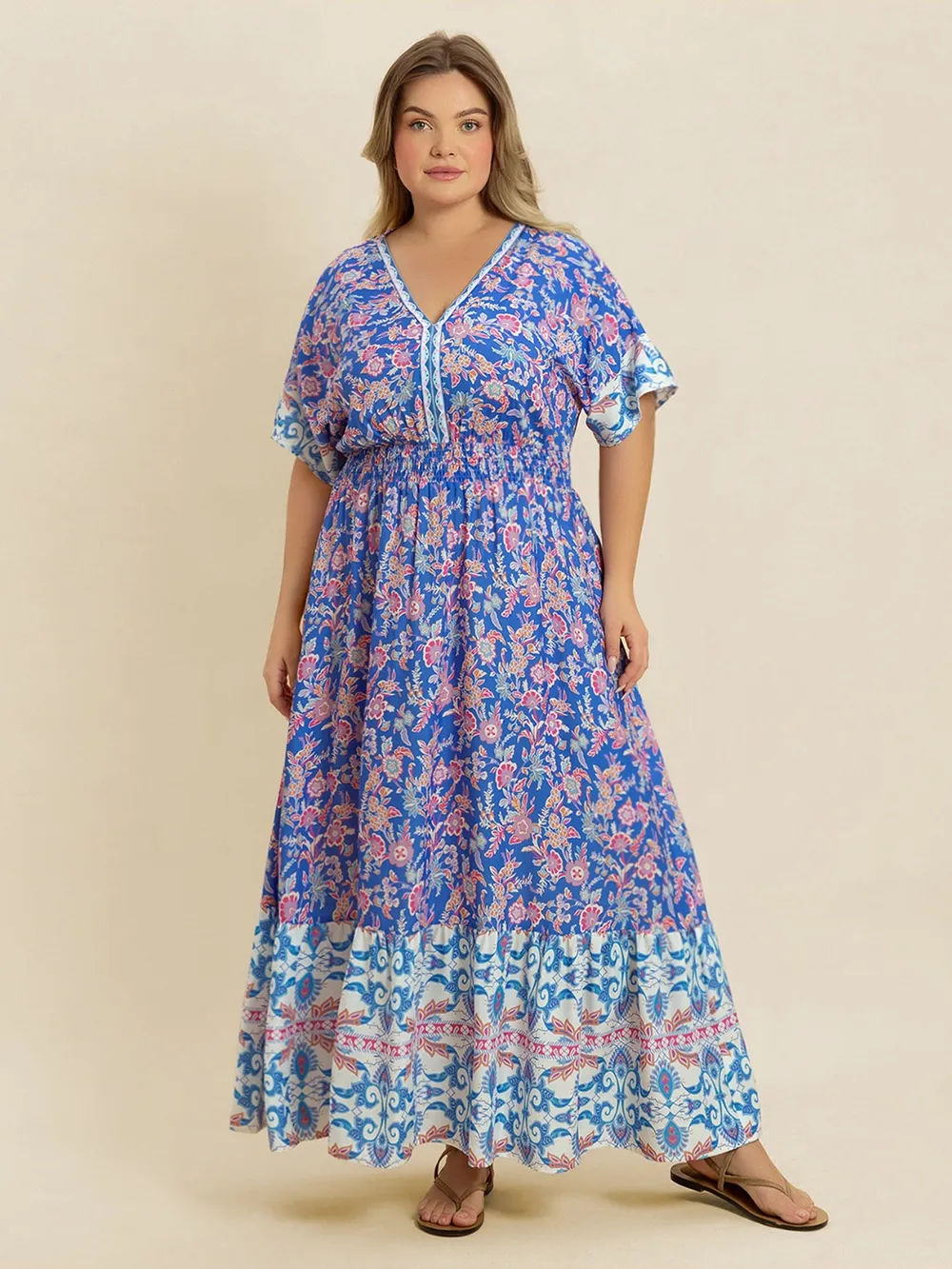 Plus Size Smocked Printed Half Sleeve Midi Dress, image 5
