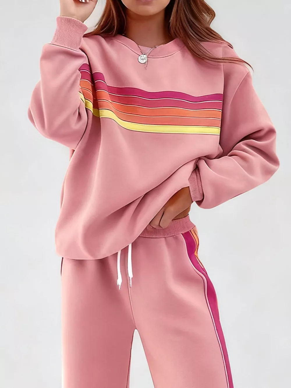 Striped Round Neck Sweatshirt and Pants Set, image 20