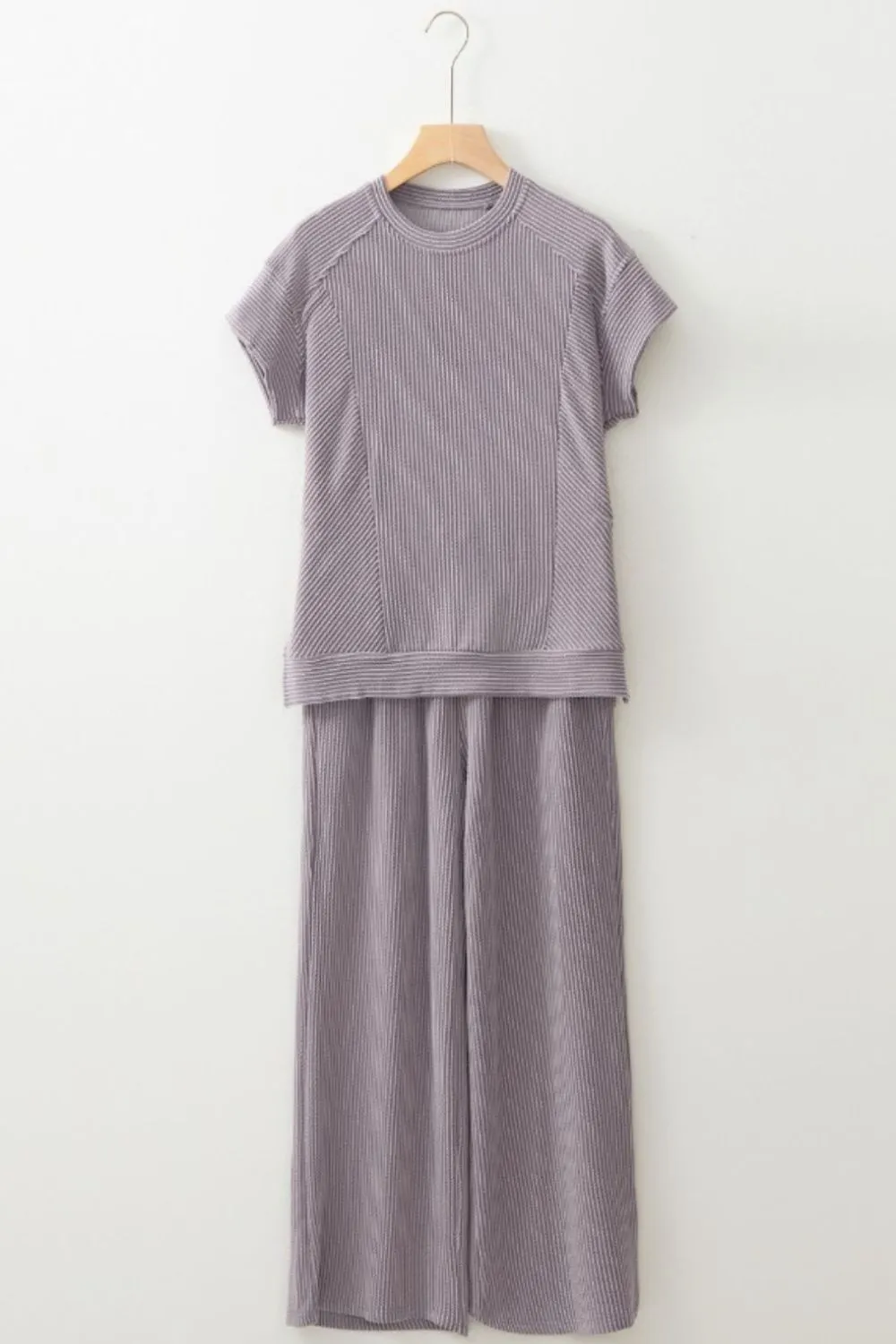 Corded Knit Short Sleeve T-Shirt and Wide Leg Pants Set, image 18