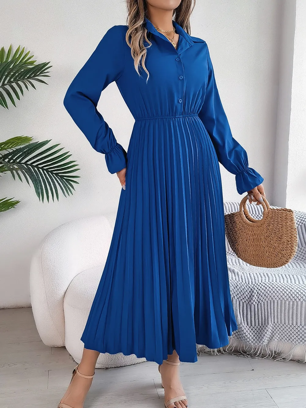 Pleated Half Button Long Sleeve Midi Dress, image 21