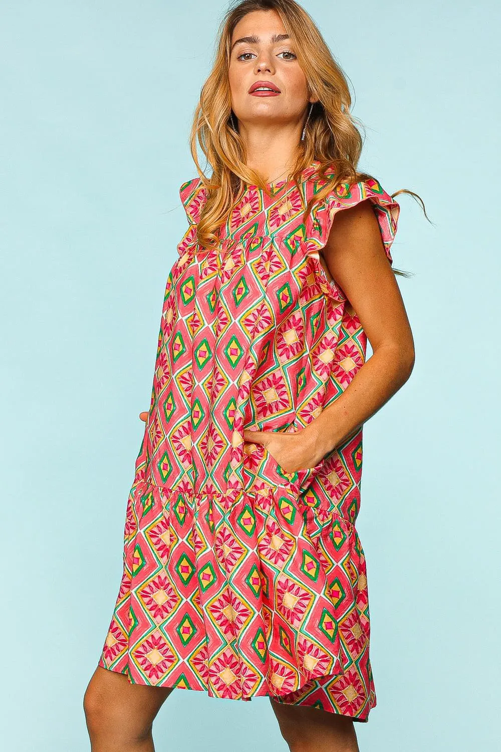 Full Size Ruffled Printed Dress with Side Pockets, image 3