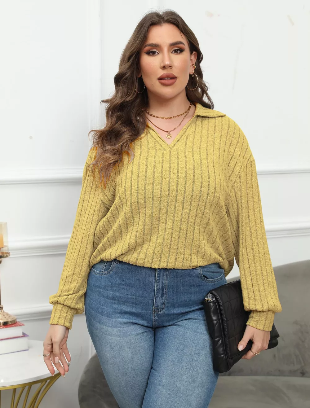 Plus Size Ribbed Knit Polo Collar T-Shirt, image 19