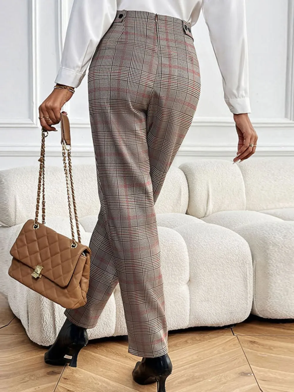 Plaid Straight Pants with Pockets, image 3