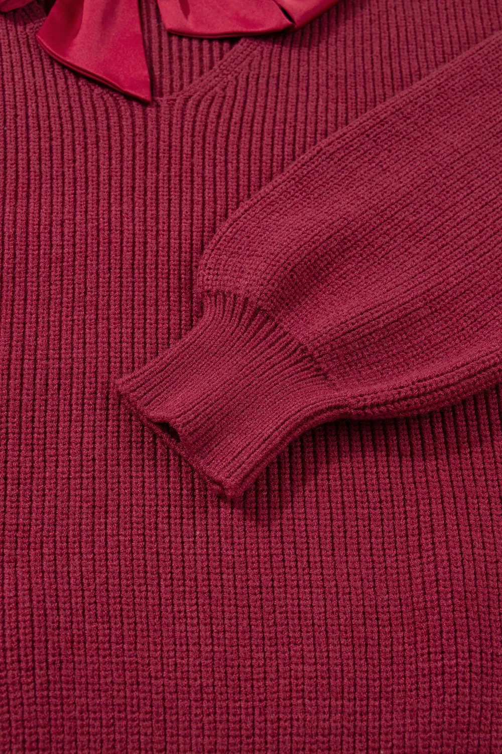 Ribbed Knit Ribbon Knot Backless Drop Shoulder Sweater, image 9