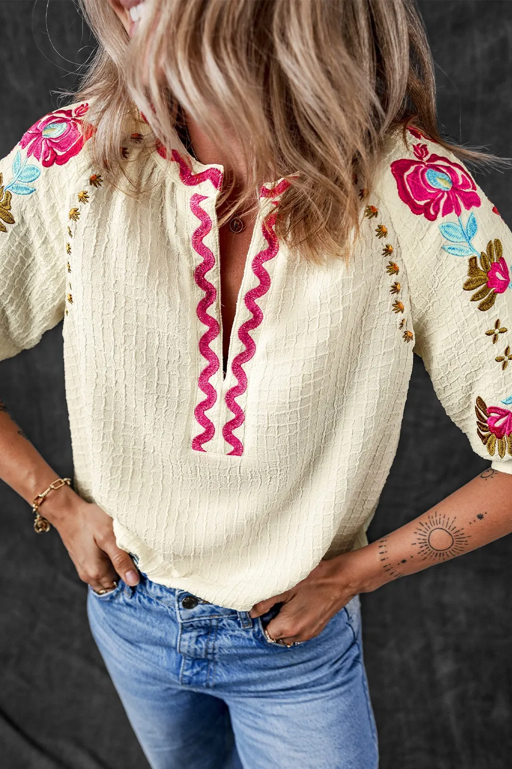 Floral Embroidered Notched Puff Sleeve Blouse, image 18
