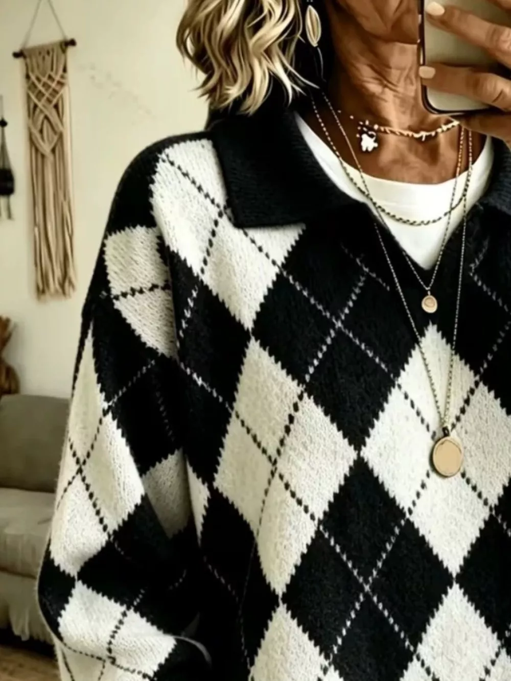 Argyle Pattern Polo Collar Sweater, image 5