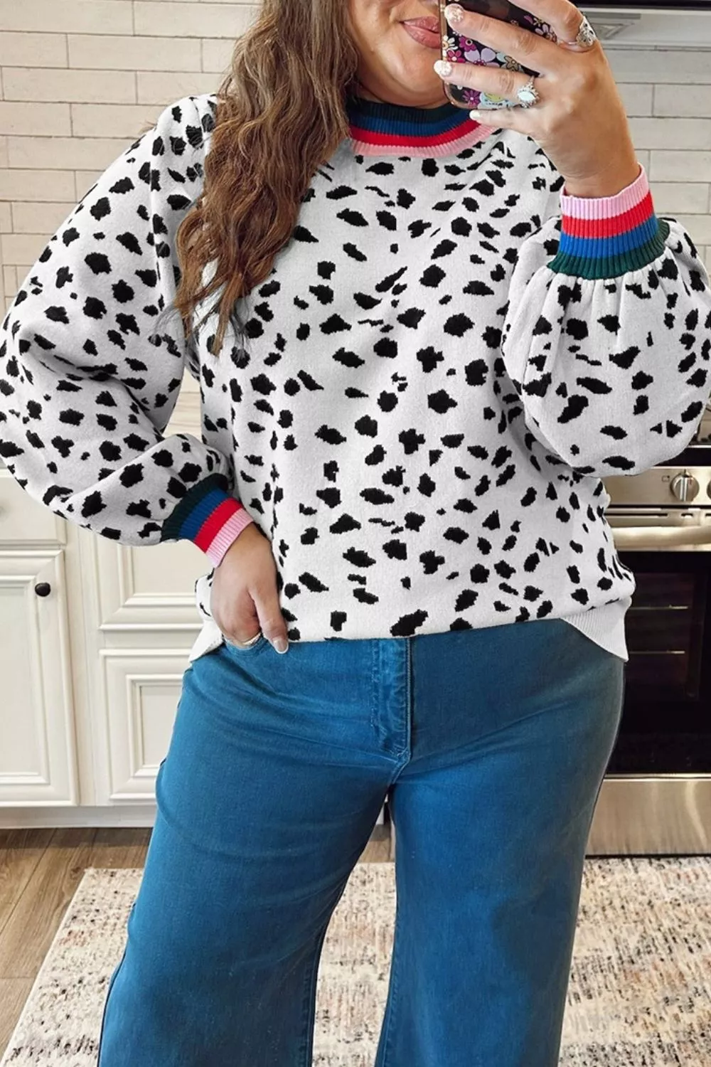 Plus Size Leopard Print Colorblock Round Neck Long Sleeve Tunic Sweater, image 2