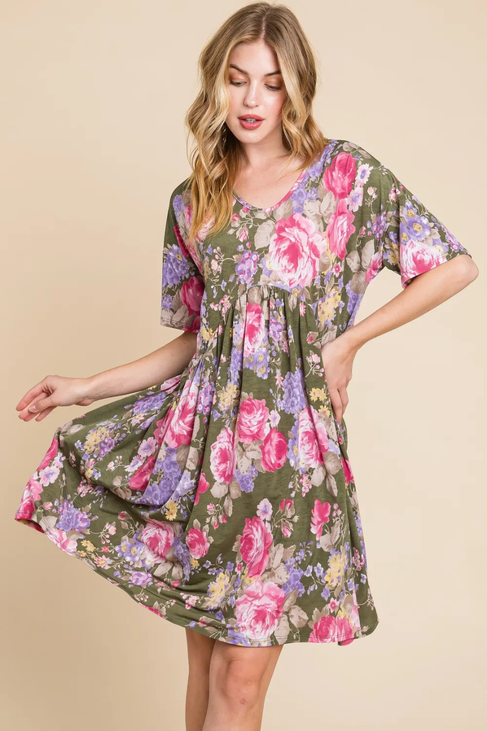 Flower Print V-Neck Ruched Dress, image 4