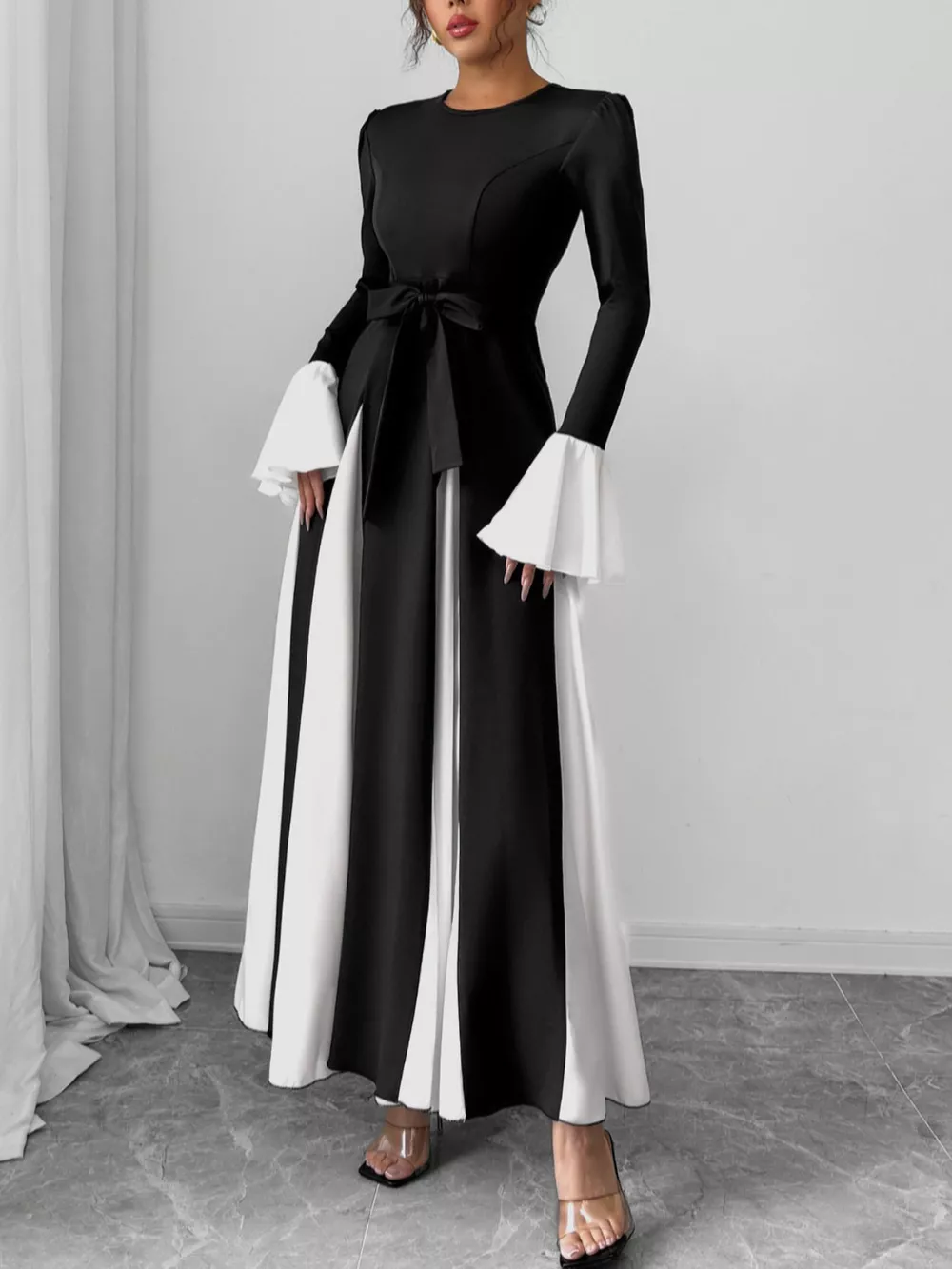 Contrast Round Neck Flare Sleeve Maxi Dress, image 6