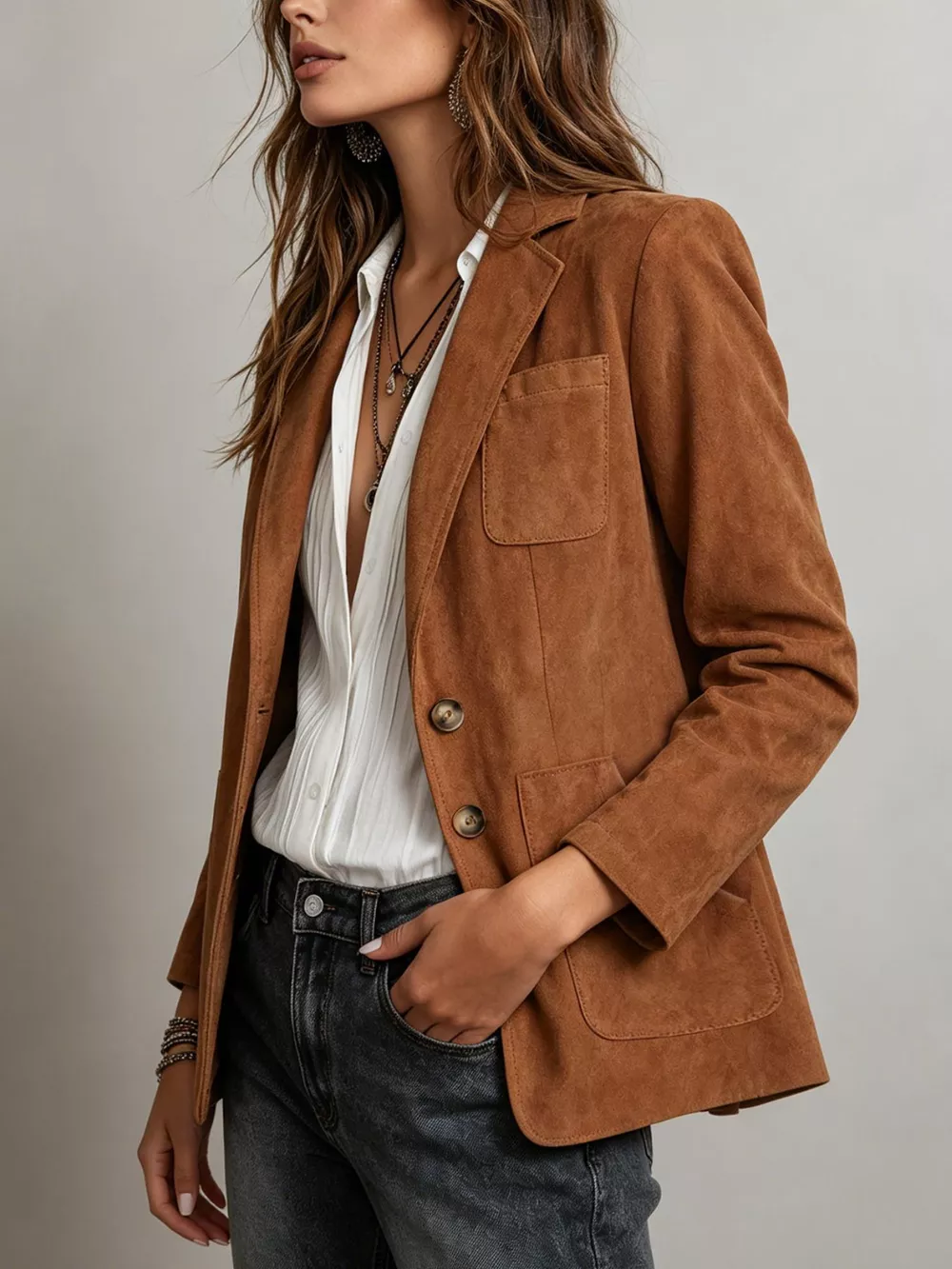 Classic Suede Single-Breasted Blazer Jacket, image 3
