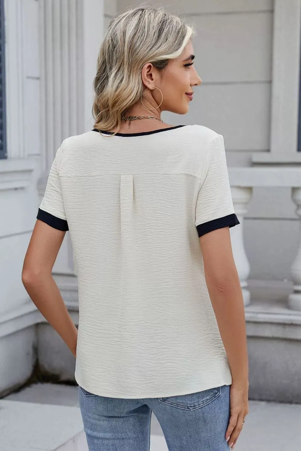 Cutout Round Neck Short Sleeve Blouse, image 5