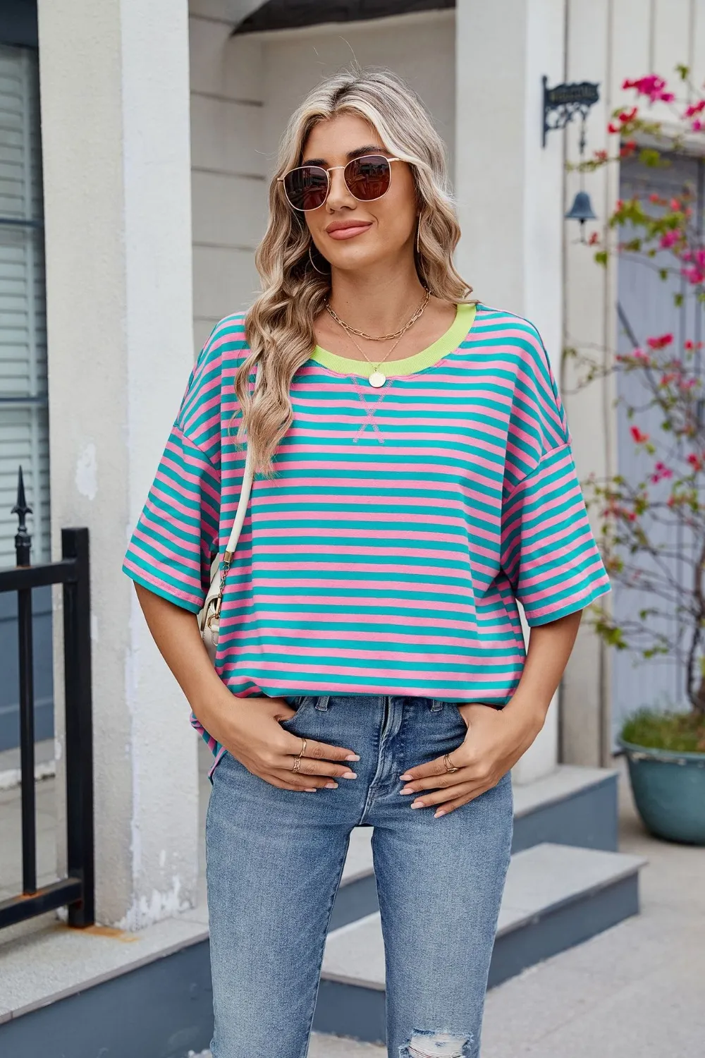 Contrast Striped Round Neck Half Sleeve T-Shirt, image 3