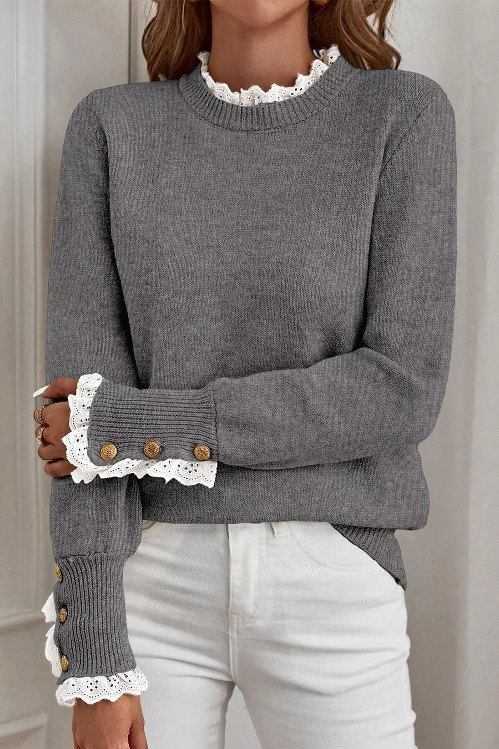 Lace Trim Mock Neck Sweater
