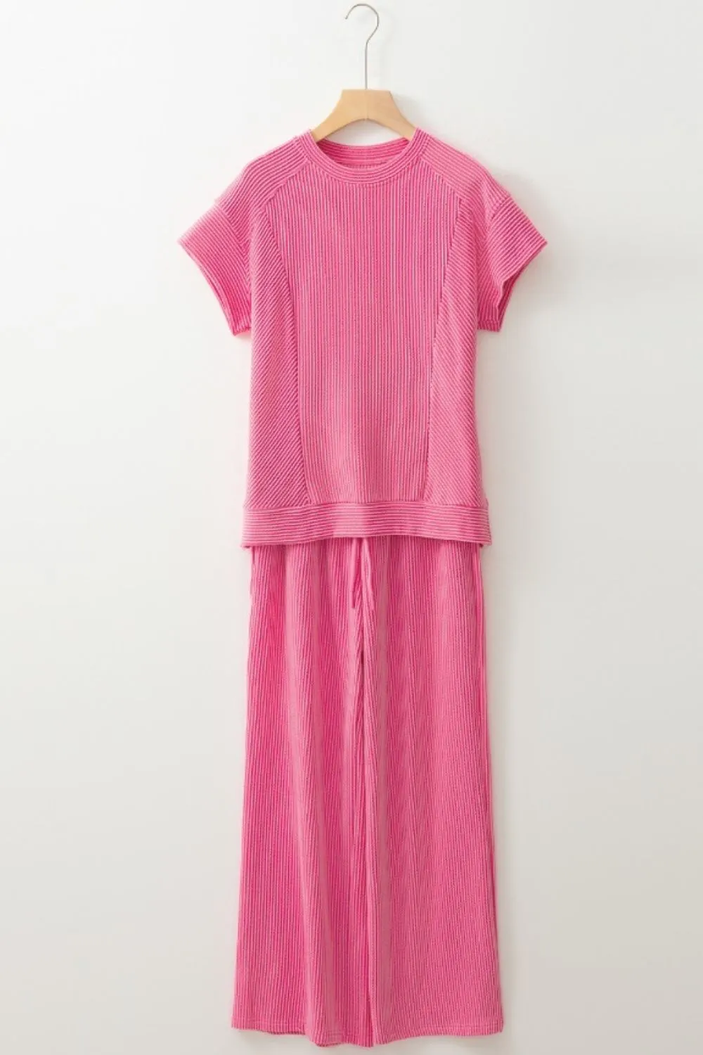Corded Knit Short Sleeve T-Shirt and Wide Leg Pants Set, image 19