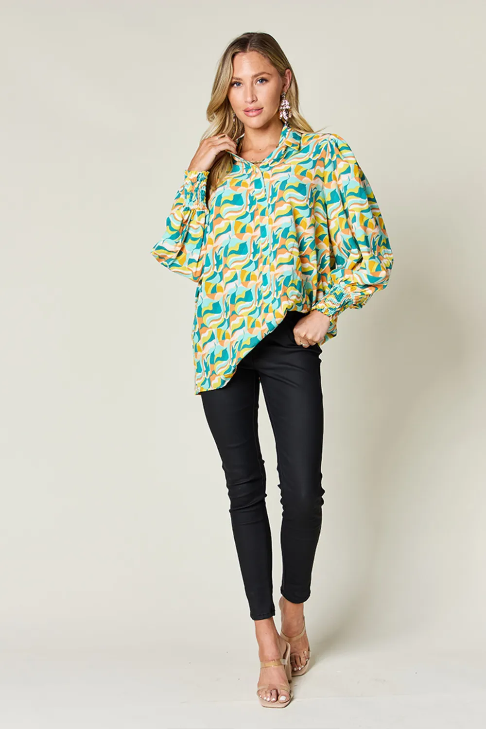 Full Size Printed Smocked Long Sleeve Blouse, image 11