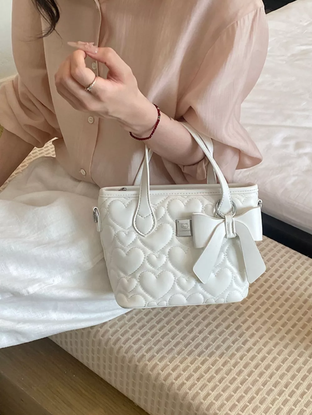 Chic Quilted Heart Crossbody Bag with Bow Accent, image 7
