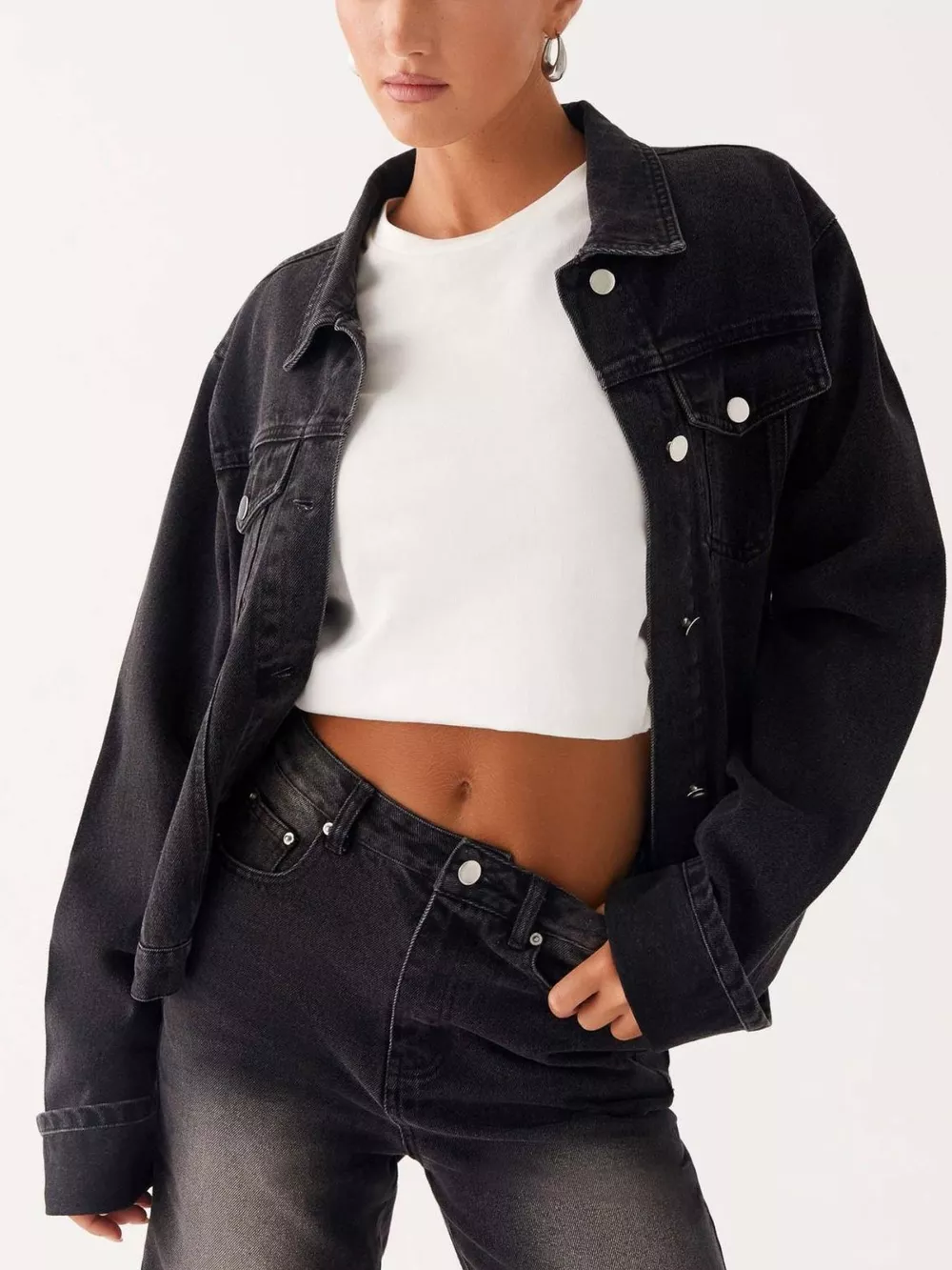Button Down Cropped Oversized Denim Jacket, image 22