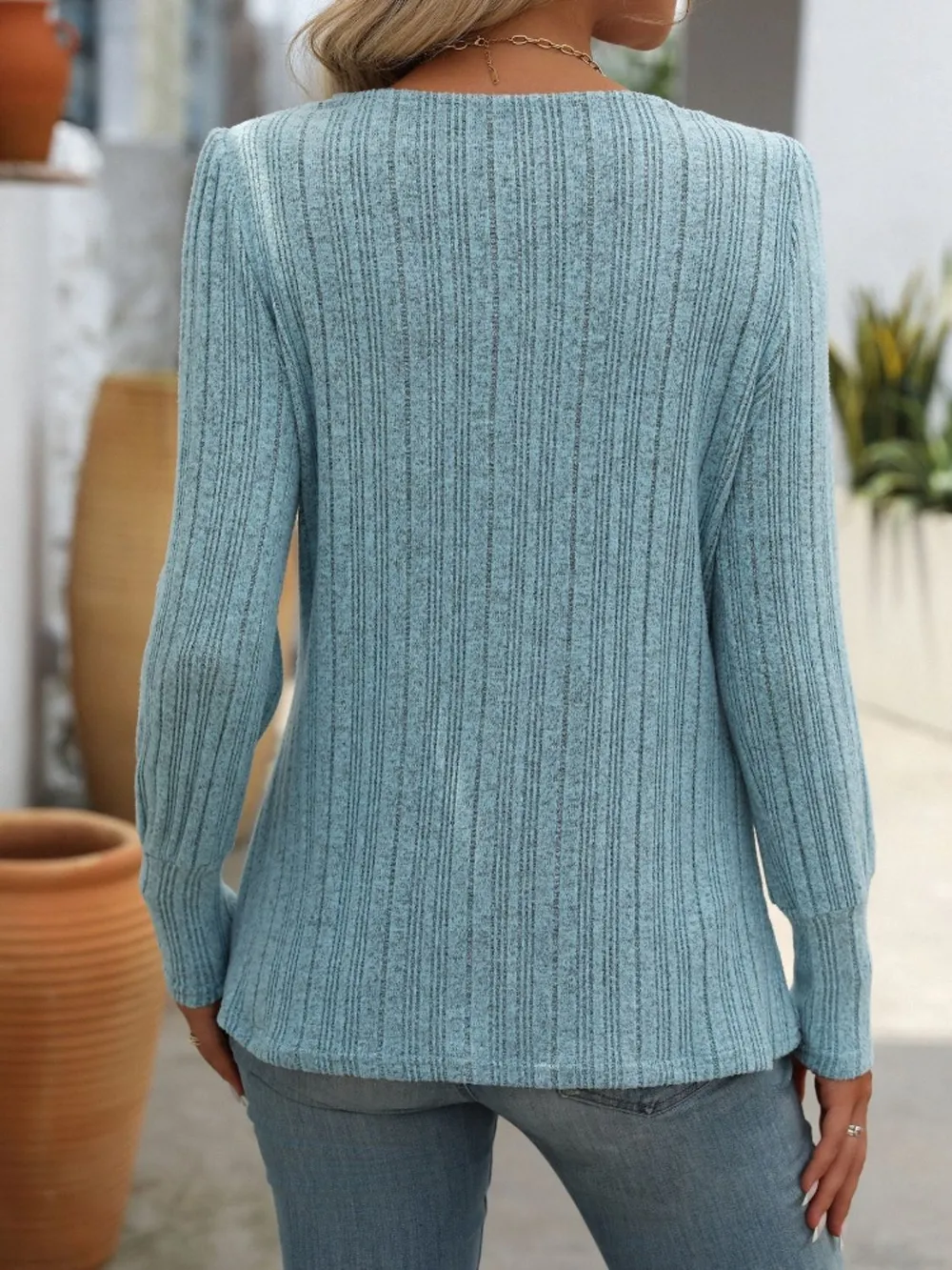Decorative Button Striped Square Neck Long Sleeve T-Shirt, image 3