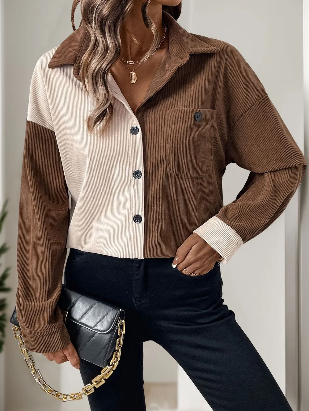 Pocketed Contrast Collared Neck Long Sleeve Shirt, image 8
