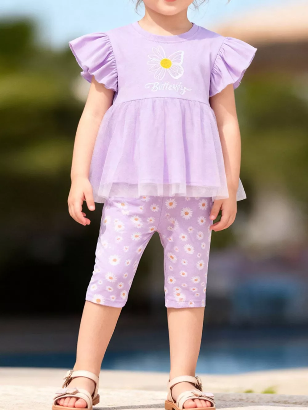 Children's Butterfly Ruffle Sleeve Top & Daisy Print Leggings Set