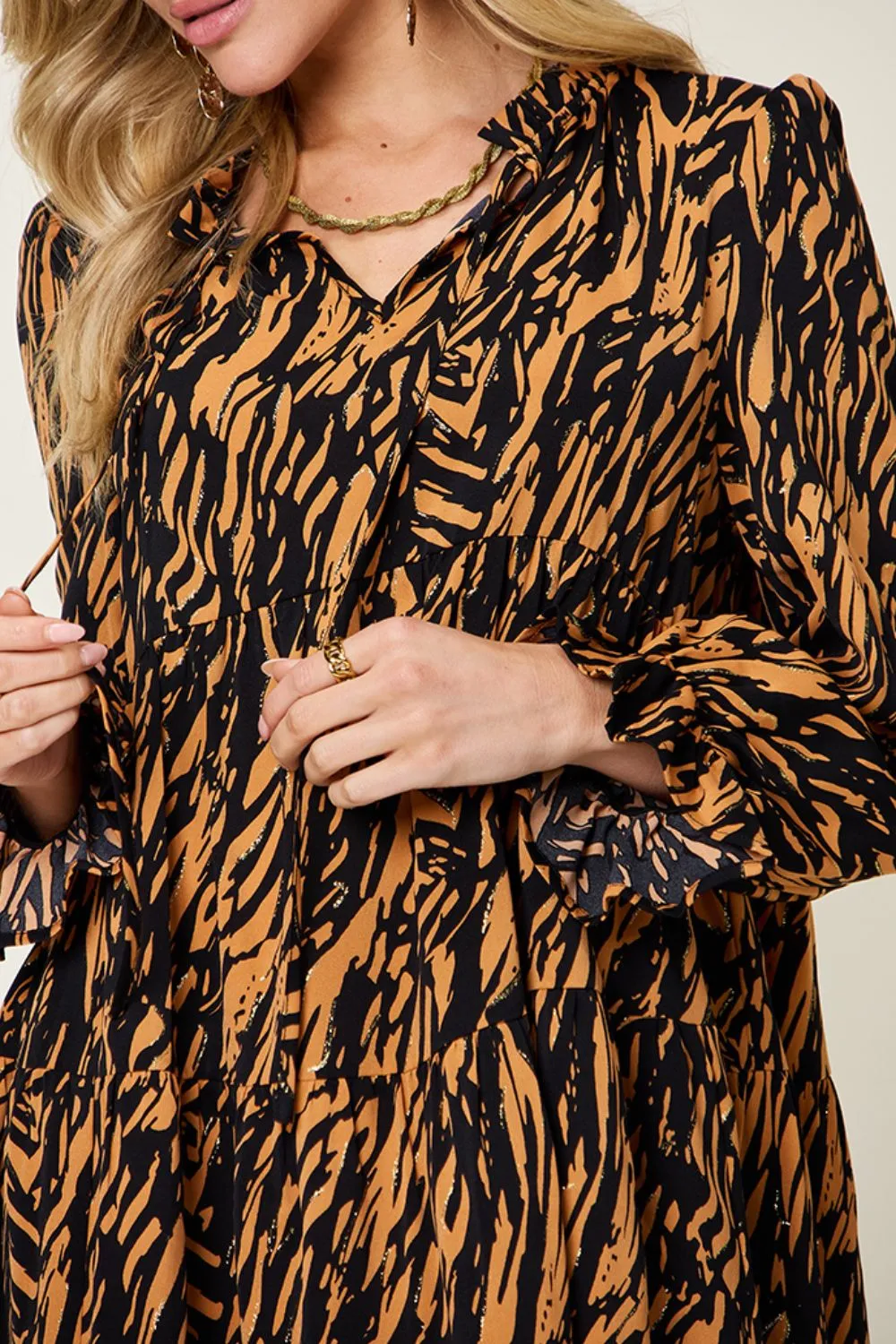 Full Size Printed Ruffle Hem Long Sleeve Dress, image 15