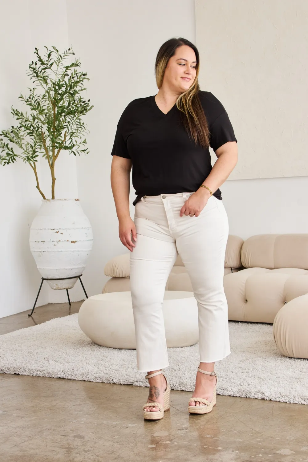 Mini Mia Full Size Tummy Control High Waist Raw Hem Jeans, image 5