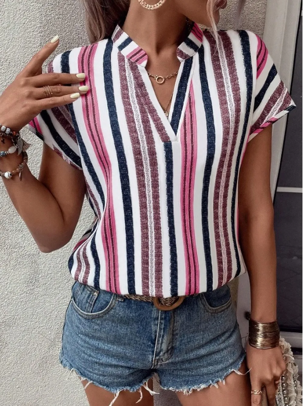 Striped Notched Short Sleeve Shirt, image 12