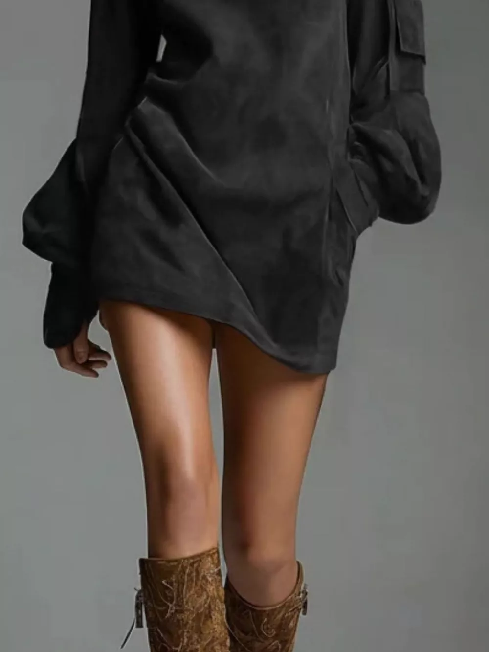 Full Size Suede Turtleneck Lantern Sleeve Mini Dress Plus Size, image 11