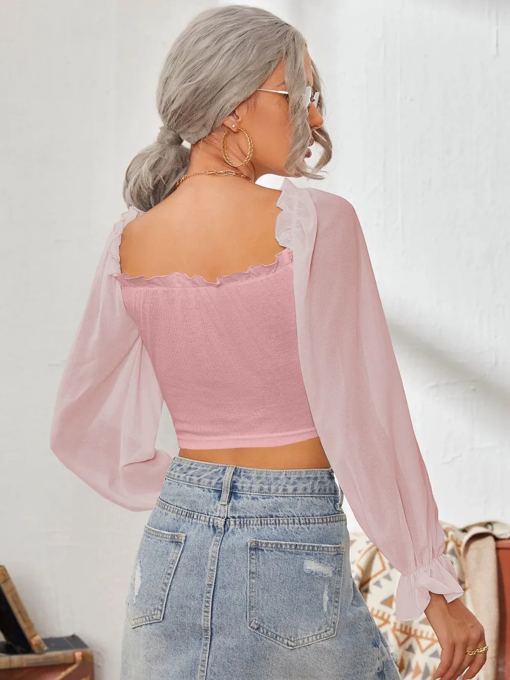 Mesh Sweetheart Neck Flounce Sleeve Top, image 17
