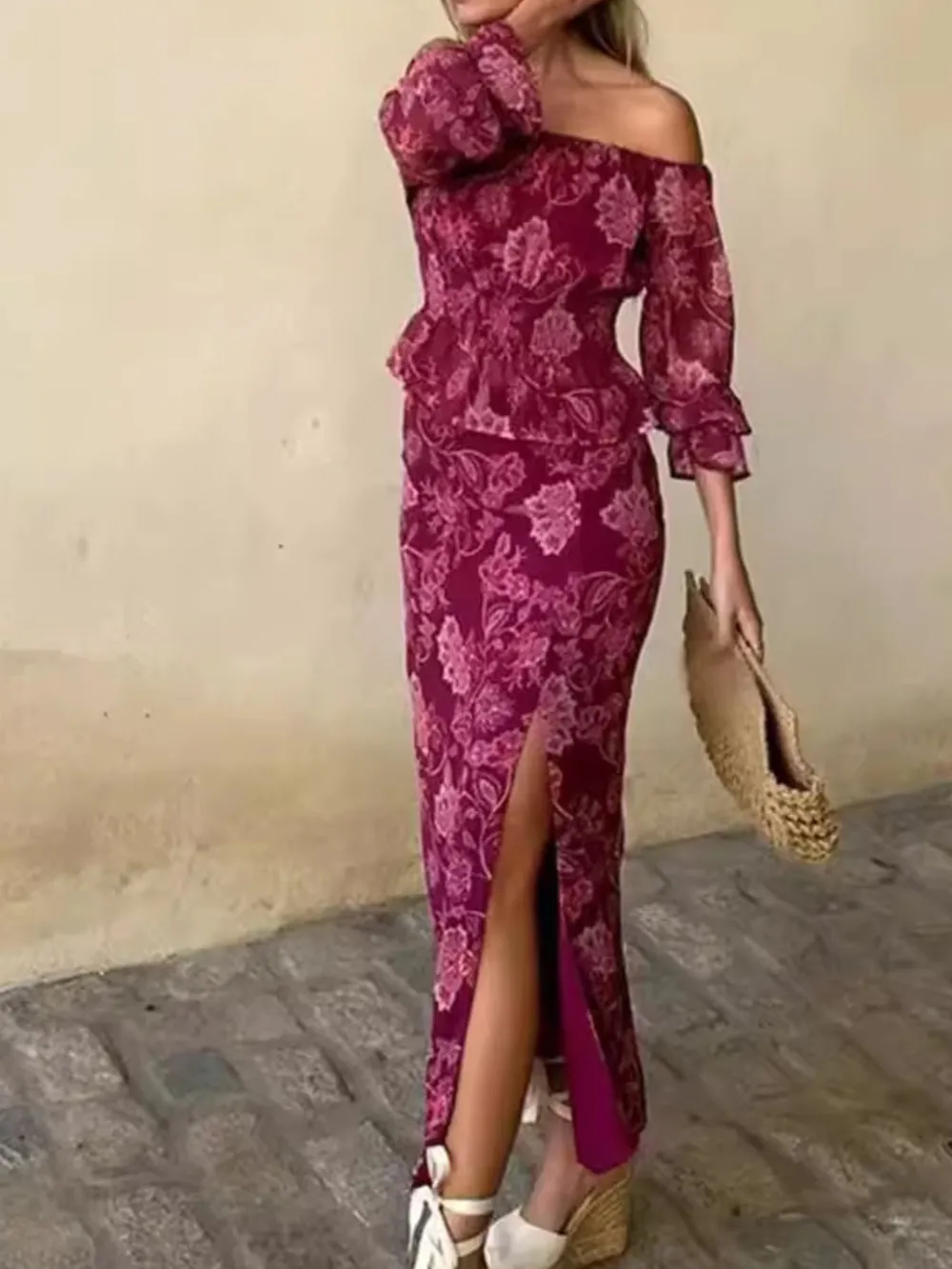 Printed Flounce Sleeve Top and Slit Skirt Set, image 2