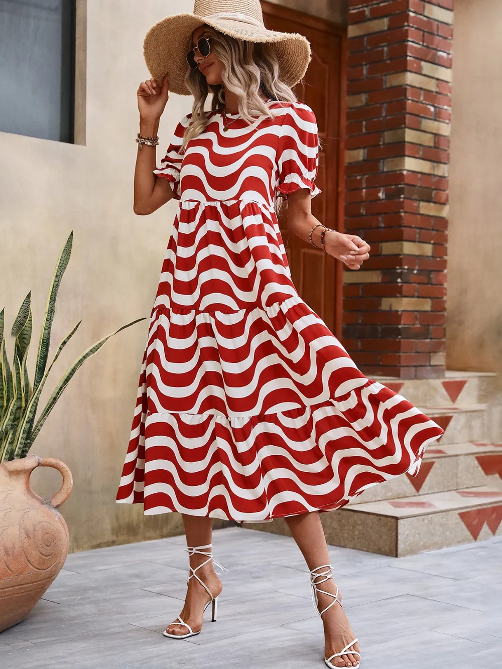 Wavy Striped Round Neck Short Sleeve Dress, image 21