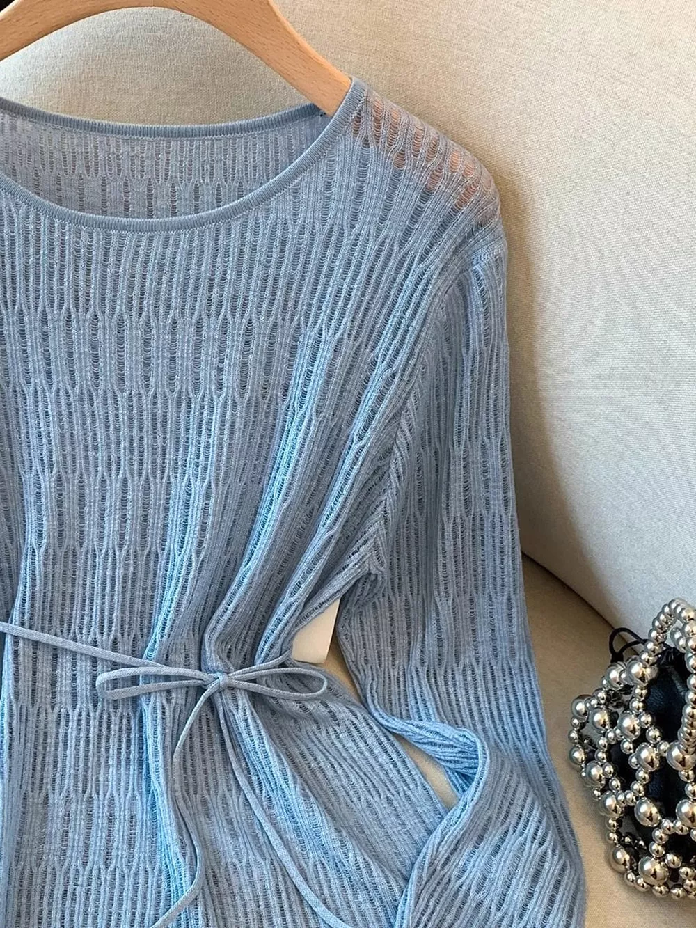 Long Sleeve Knit Top with Tie Detail, image 10