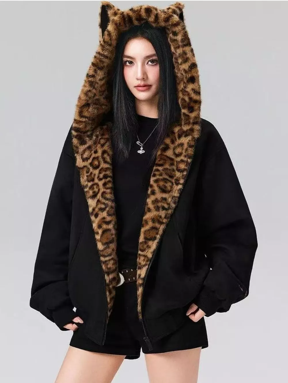 Leopard Faux Fur Lined Zip Up Jacket, image 4