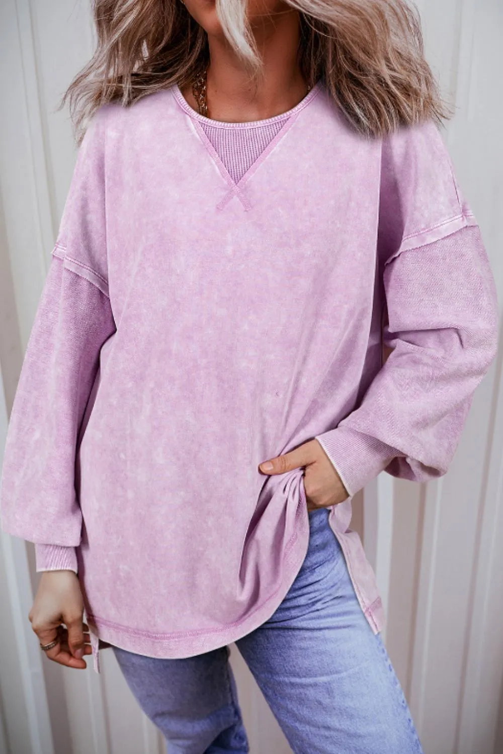 Exposed Seam Round Neck Long Sleeve Sweatshirt, image 14